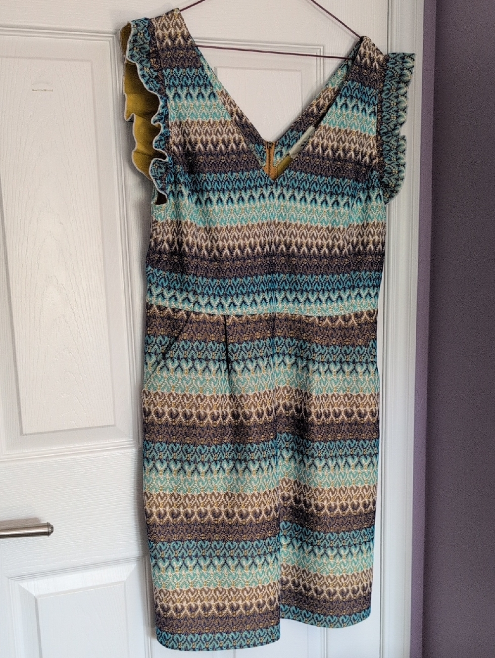 EUC Tabitha Ruffled Sleeveless Patterned Aqua and Brown Women's Dress